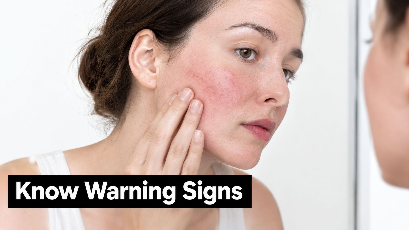 A woman examining the redness and skin irritation on her cheek in a mirror with text overlay.