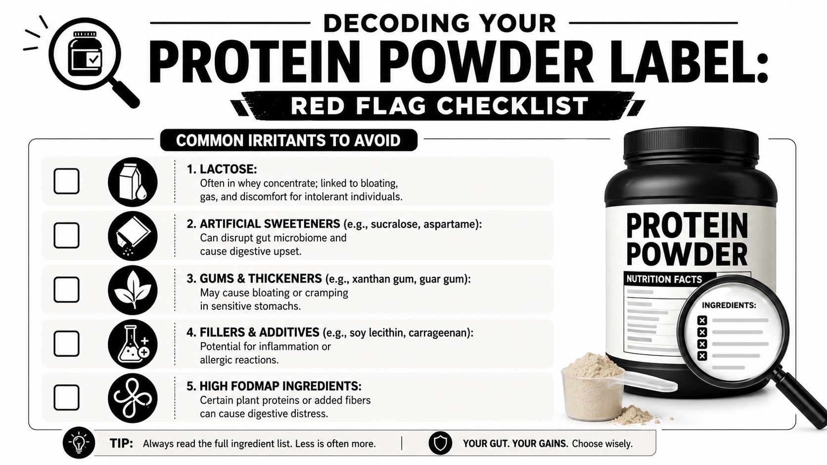 An infographic titled Decoding Your Protein Powder Label, listing five common digestive irritants to avoid when choosing supplements.