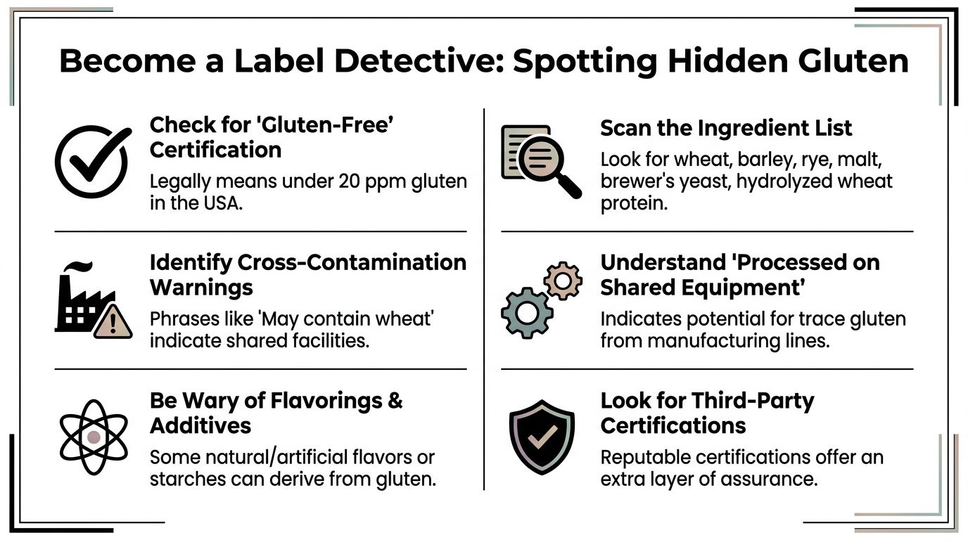 An infographic titled Become a Label Detective providing tips on how to identify hidden gluten ingredients.