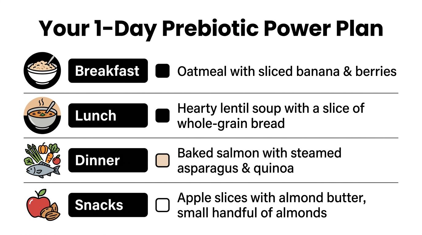 A daily meal plan checklist featuring healthy prebiotic foods like oatmeal, lentil soup, salmon, and apples.