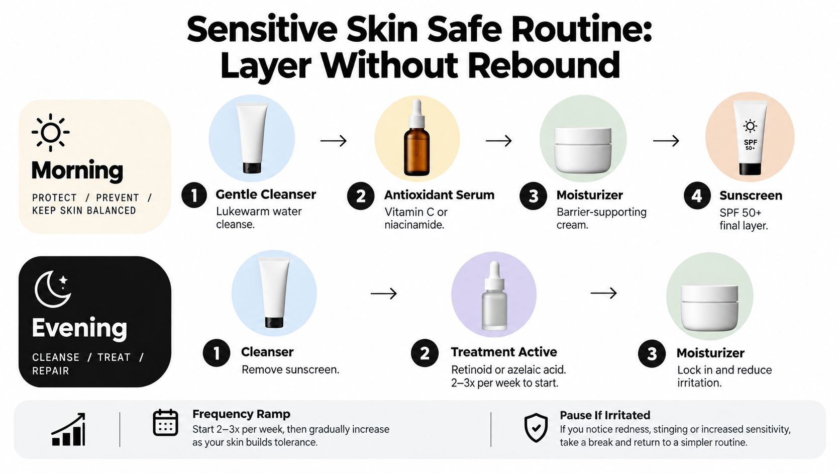An infographic showing a sensitive skin safe skincare routine with morning and evening steps to manage irritation.