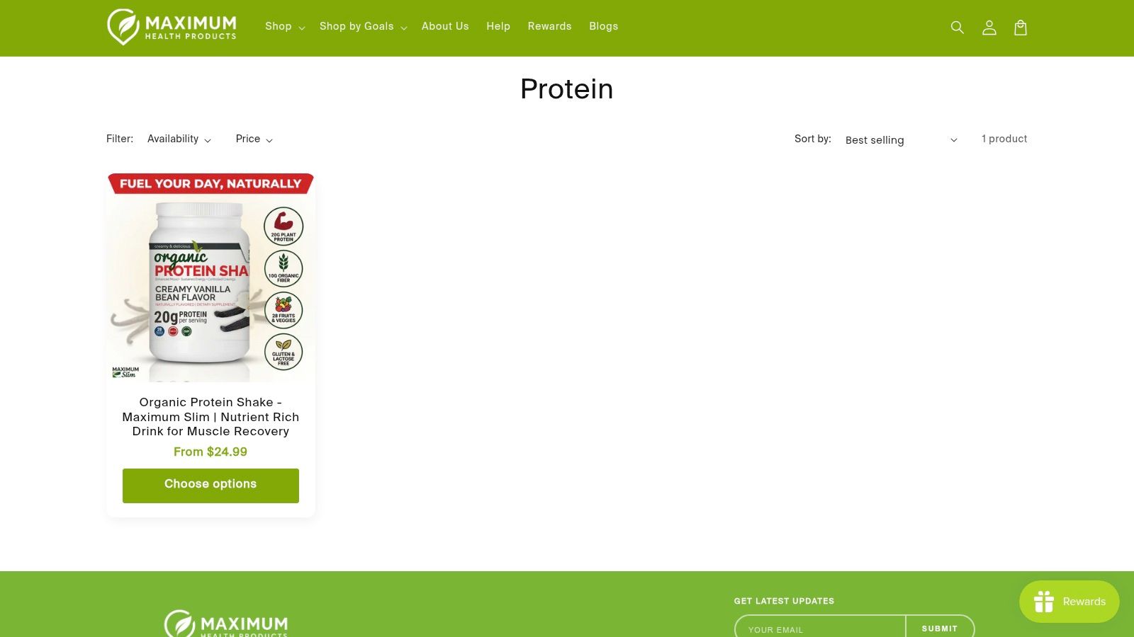 Screenshot from https://maximumhealthproducts.com/collections/protein