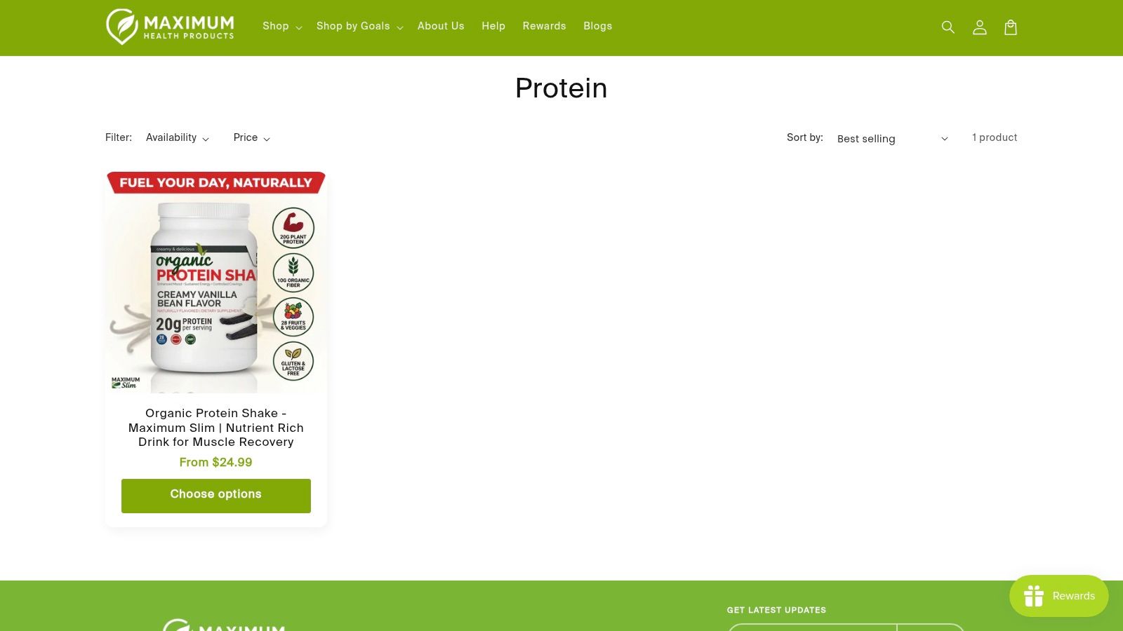 Screenshot from https://maximumhealthproducts.com/collections/protein