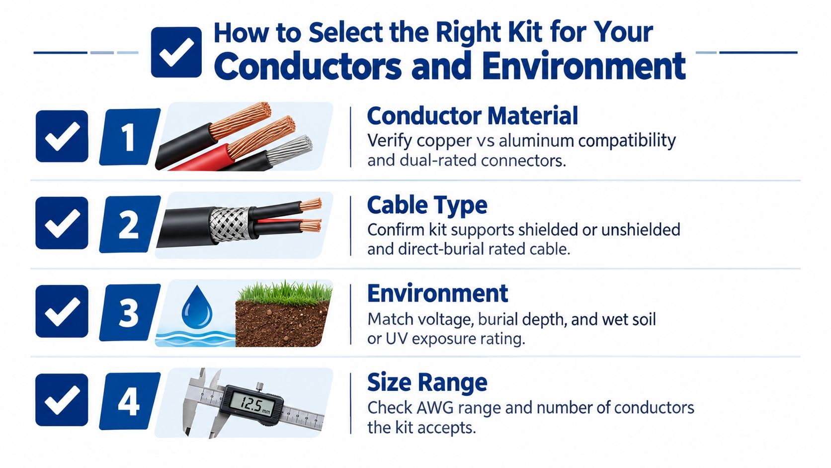 A guide illustrating four essential steps for selecting the correct underground wire splice kits for your project.