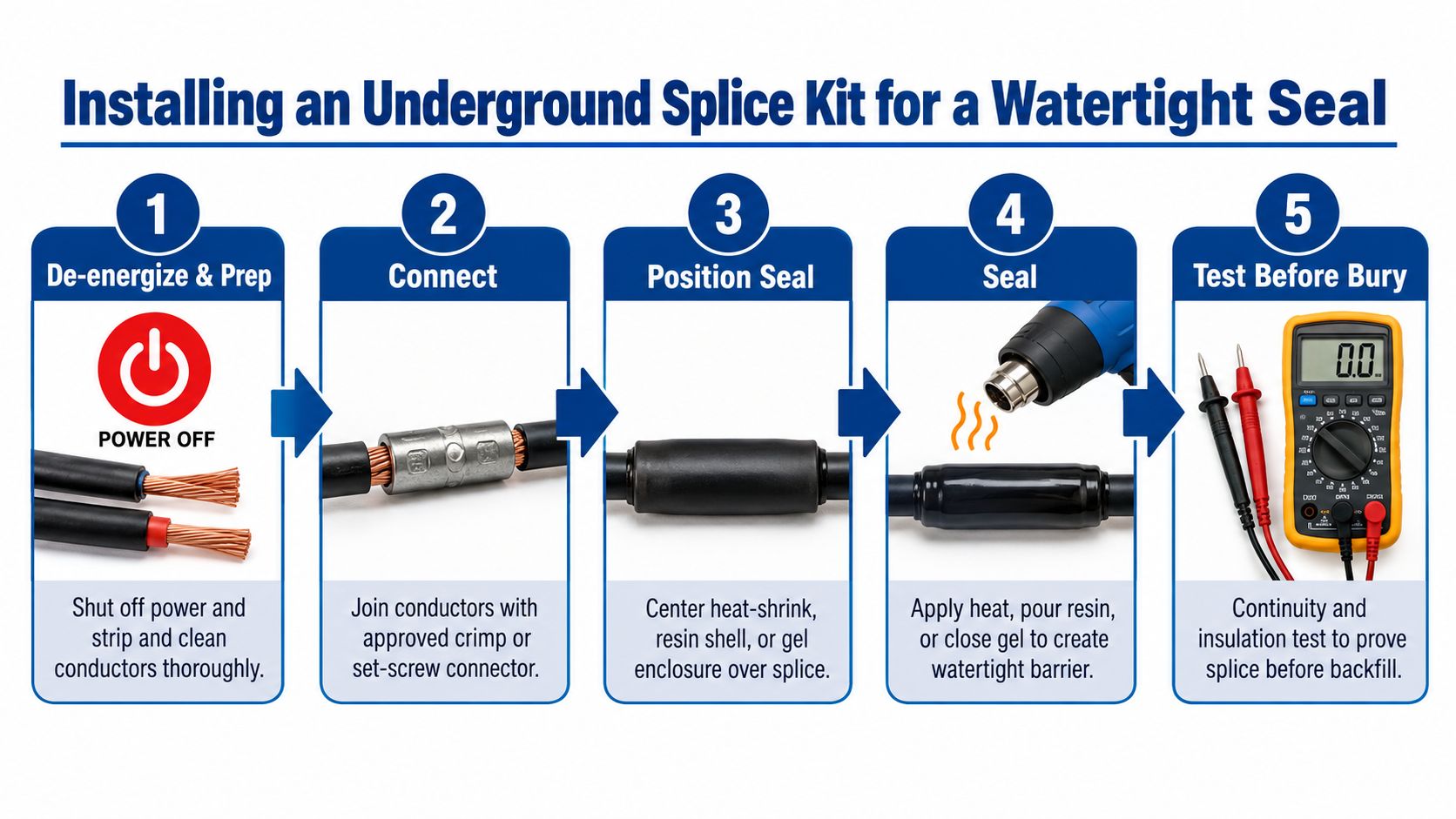A five-step infographic showing how to install an underground wire splice kit for a watertight electrical connection.