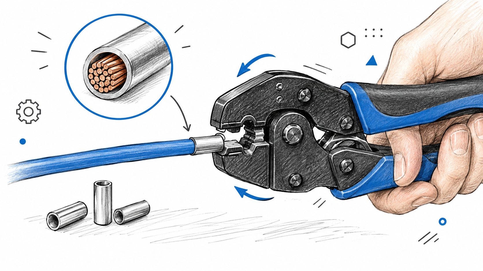 A hand using a specialized crimping tool to secure a metal ferrule onto the end of a blue electrical cable.
