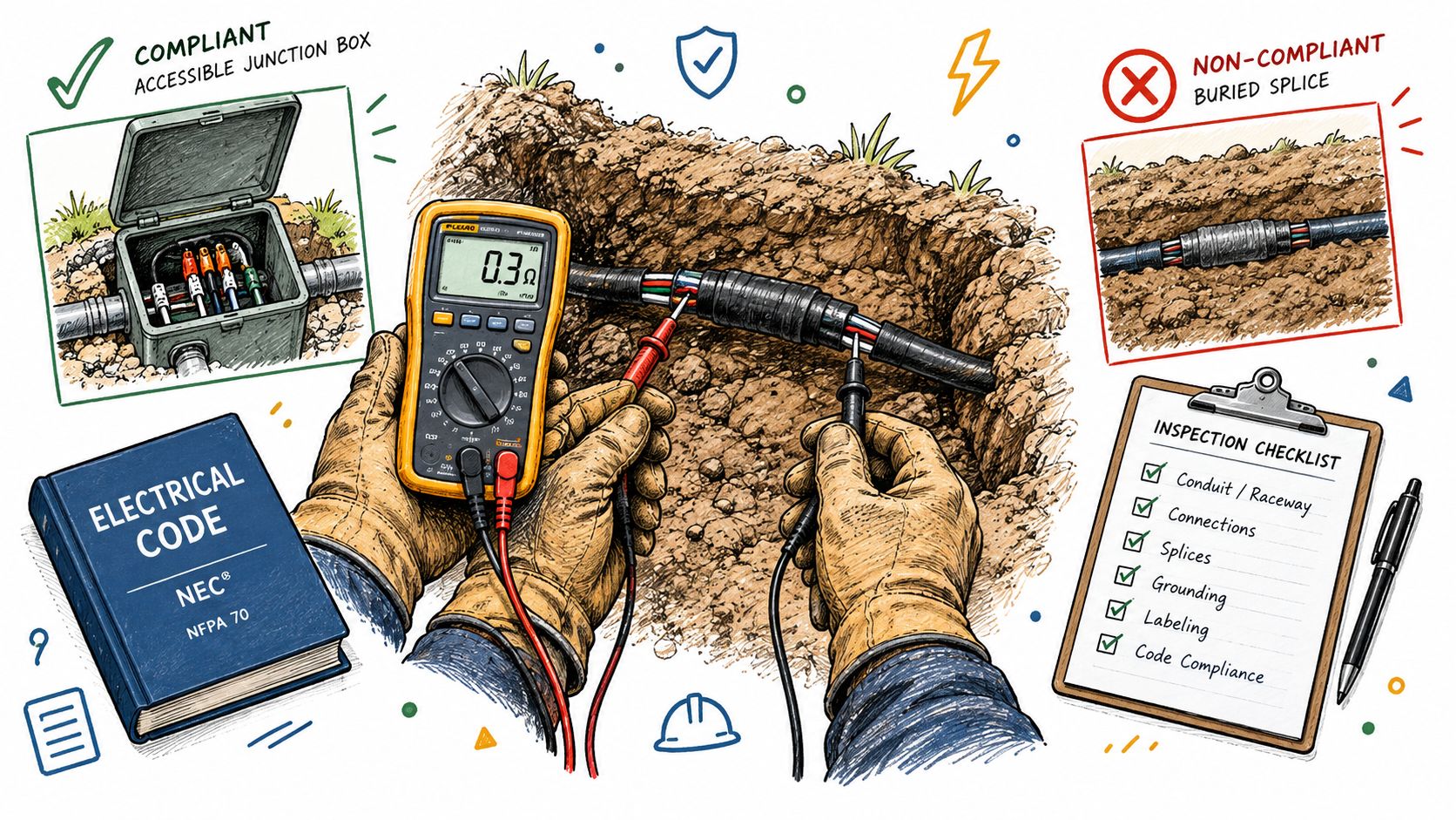 An illustration comparing a compliant accessible junction box with a non-compliant illegal buried underground electrical splice.