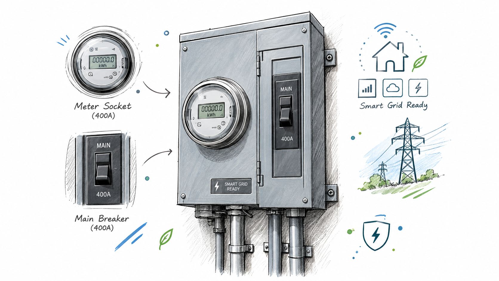 A 400A smart meter socket and main breaker panel illustration representing smart grid ready electrical equipment.