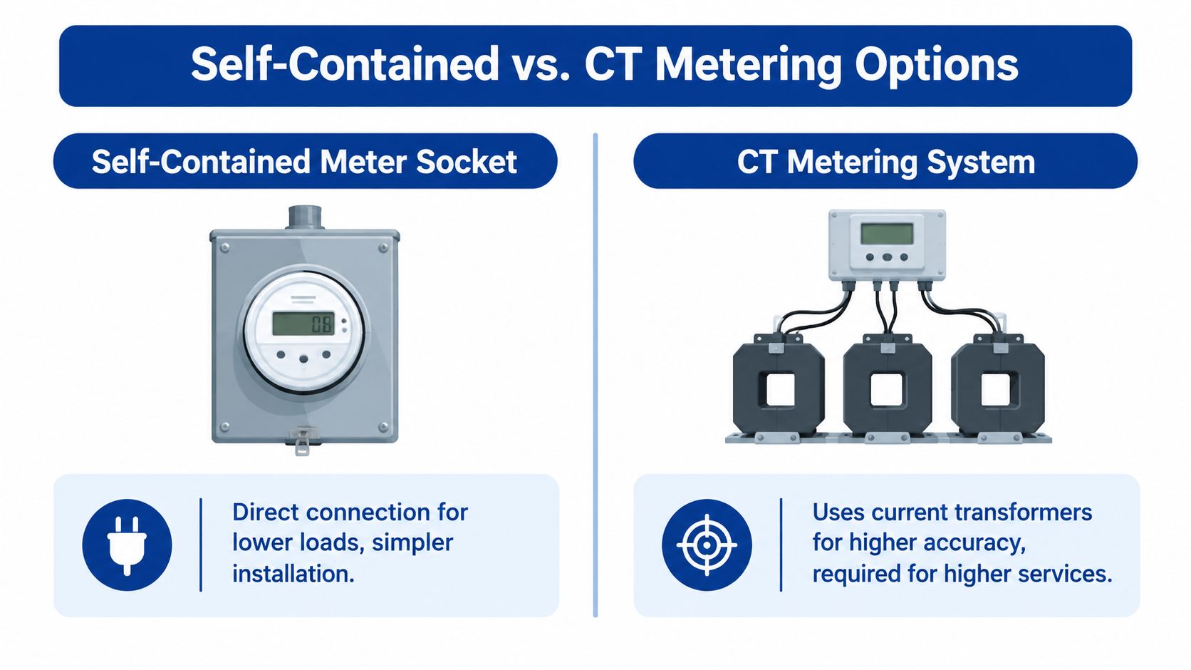 A comparison chart showing self-contained meter sockets for lower loads versus CT metering systems for higher services.