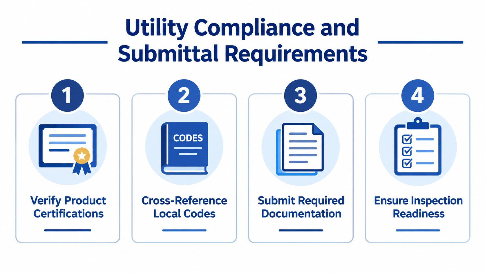 A four-step infographic illustrating the utility compliance and submittal requirements process for construction or utility projects.
