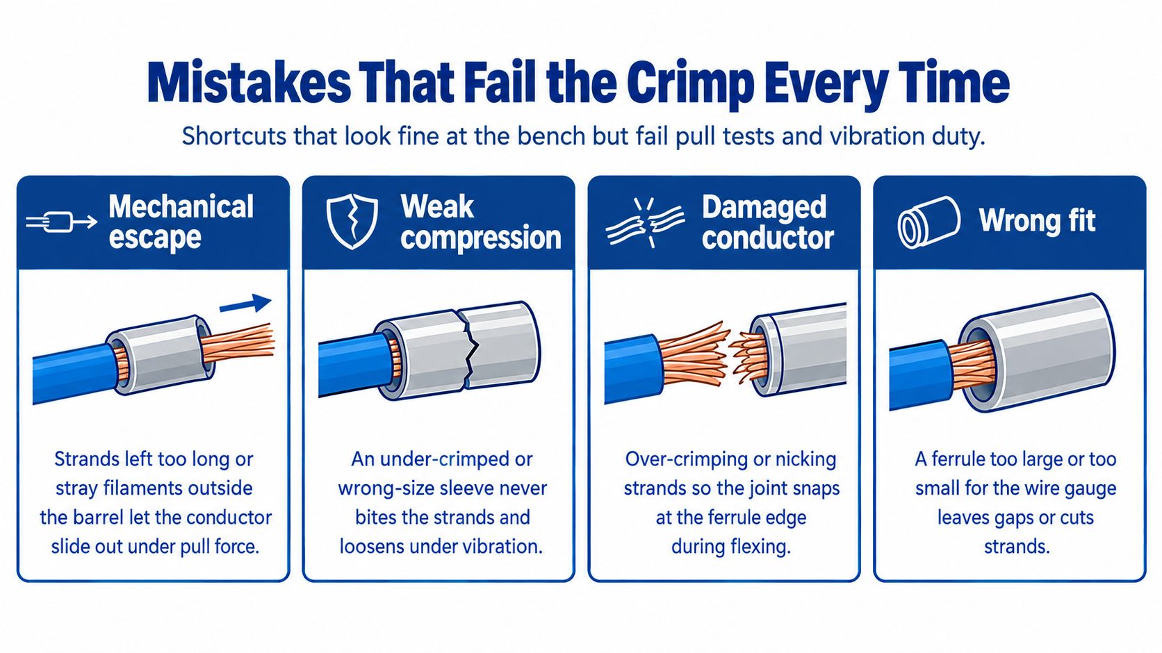 An educational infographic illustrating four common crimping mistakes that lead to electrical connection failures.