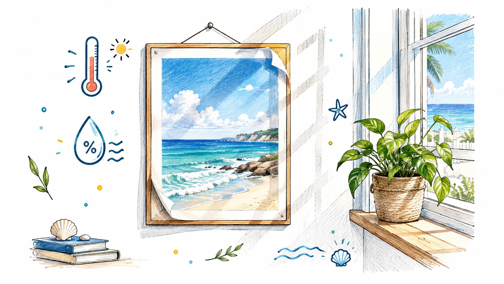 A coastal themed wall art painting of a beach scene with icons of temperature, humidity, and seashells.