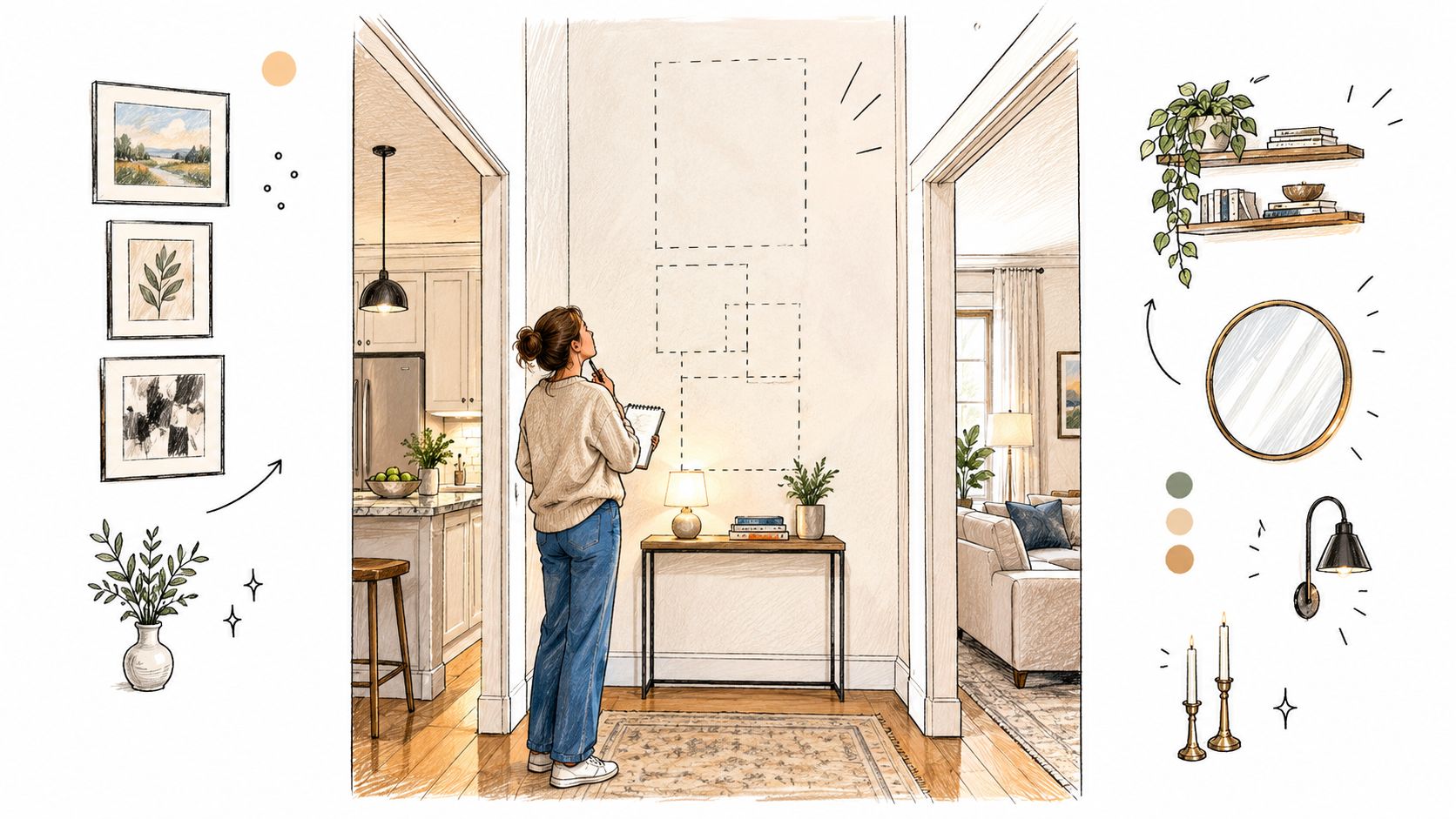 A woman sketching a layout for wall decor in a cozy home hallway near a console table.