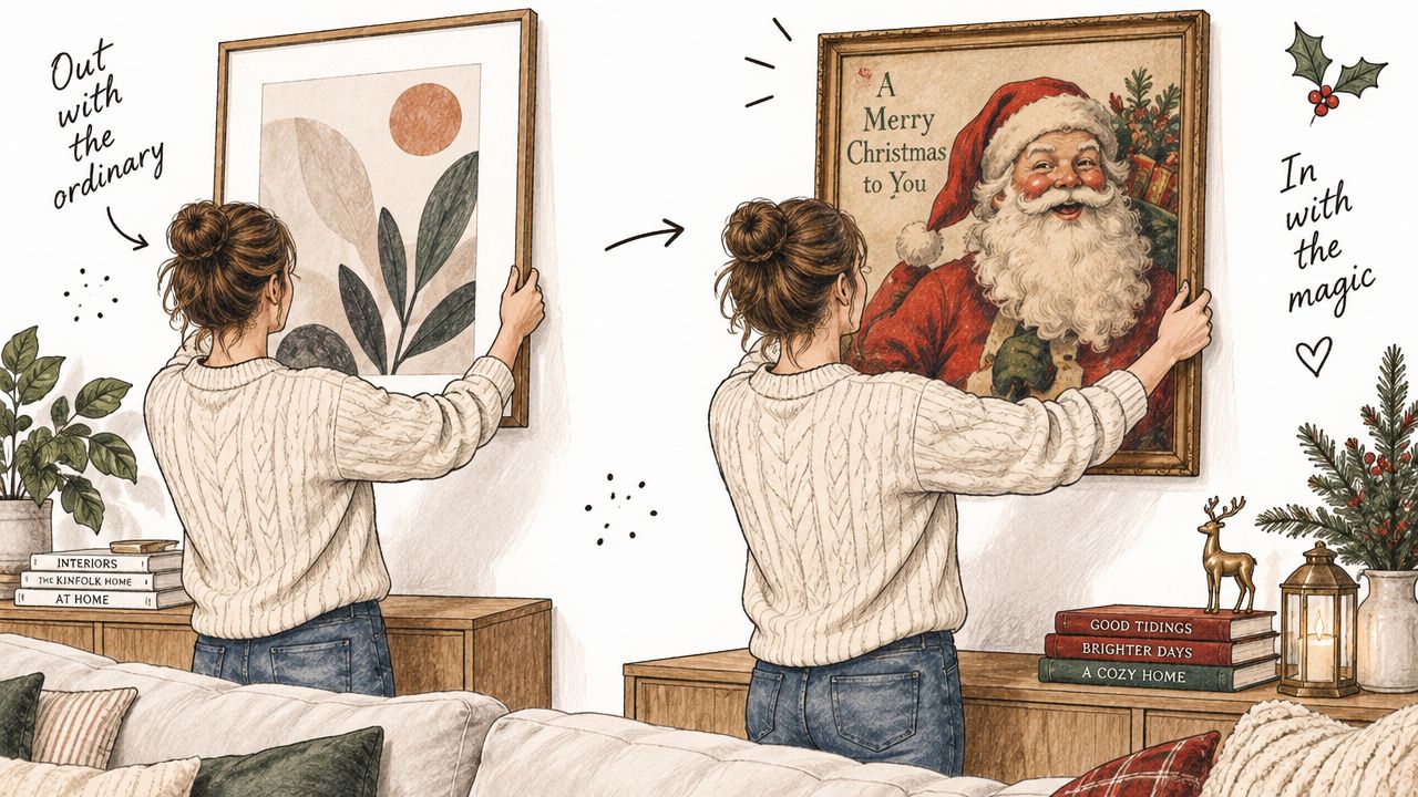 A woman replacing a minimalist art print with a vintage Santa Claus Christmas painting on her wall.