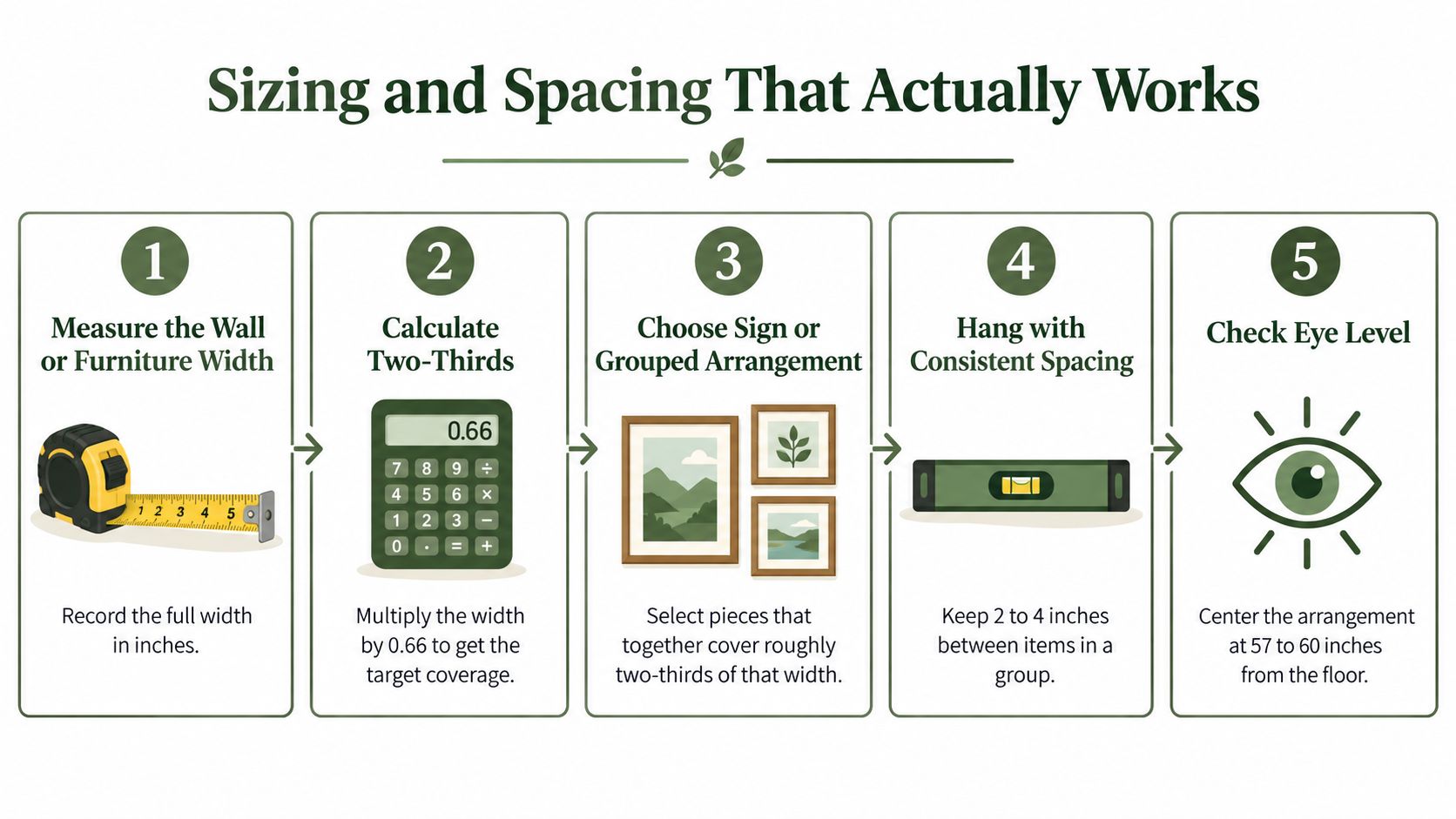 A five-step guide on calculating wall spacing and sizing for hanging artwork or decor items.