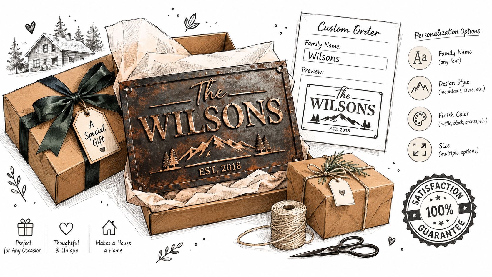 A custom rustic metal family name sign for the home presented inside a gift box.