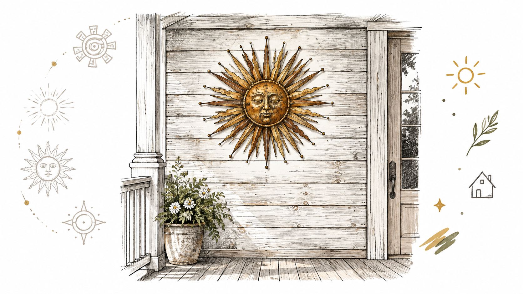 A decorative gold metal sun face wall art mounted on a rustic wooden porch wall with flowers.
