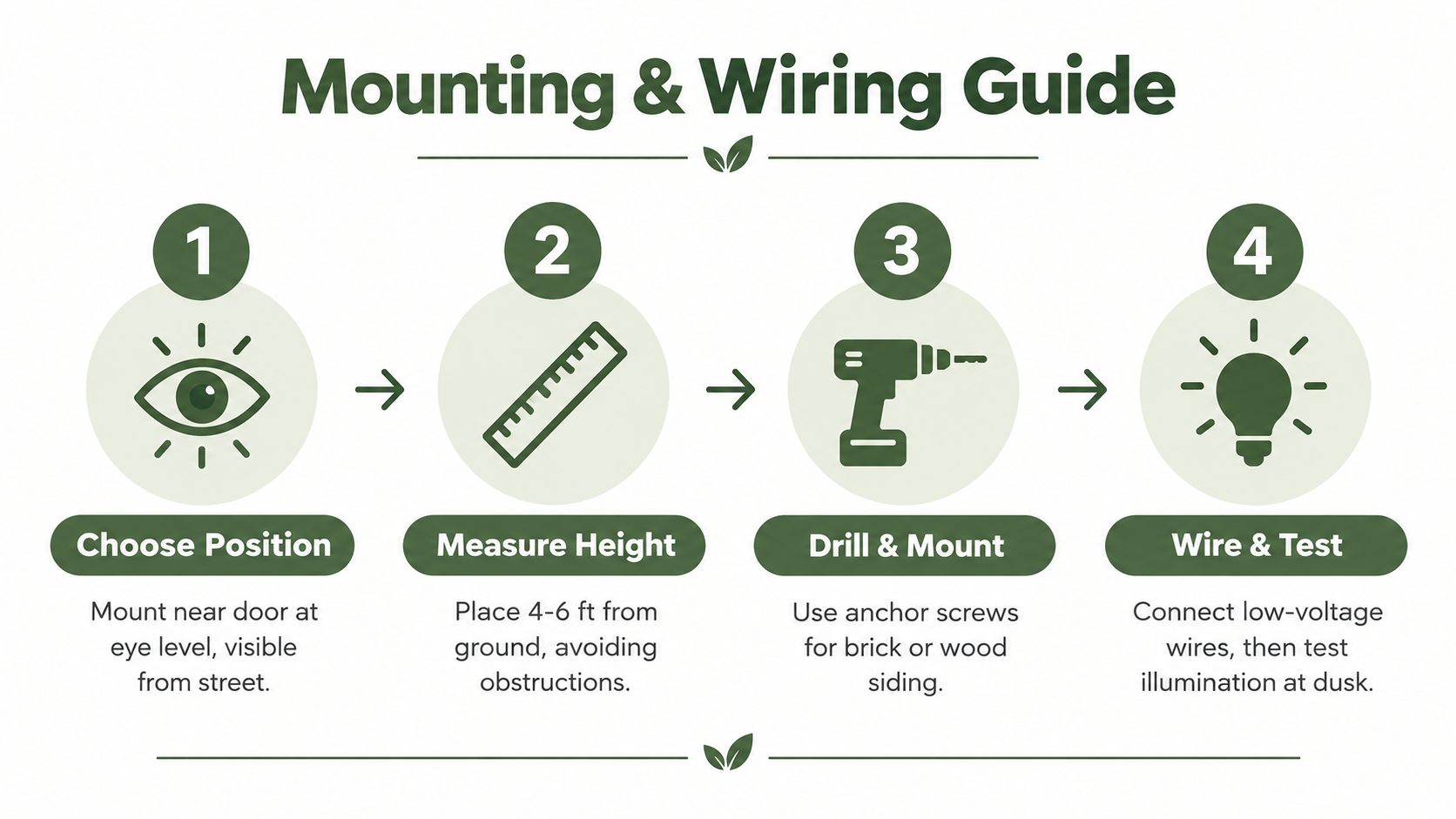 A four-step infographic showing how to mount and wire lighted address signs on a wall.