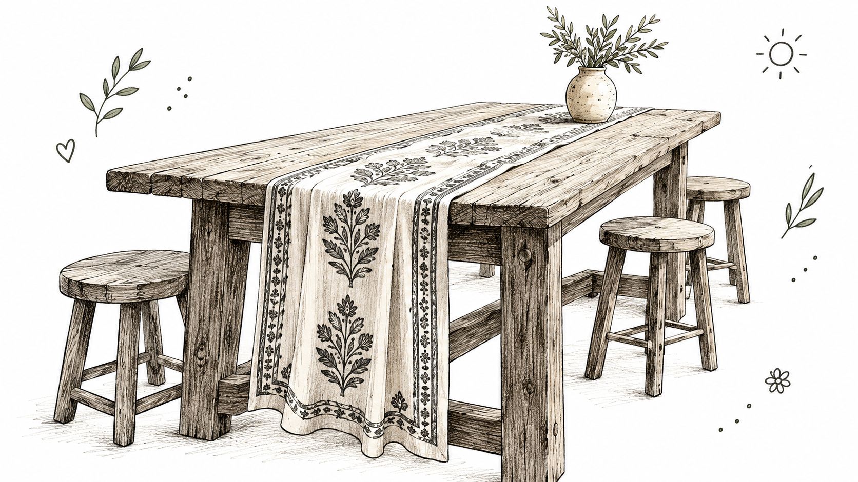 A rustic wooden farmhouse table with a block print table runner and stools in a sketch style.