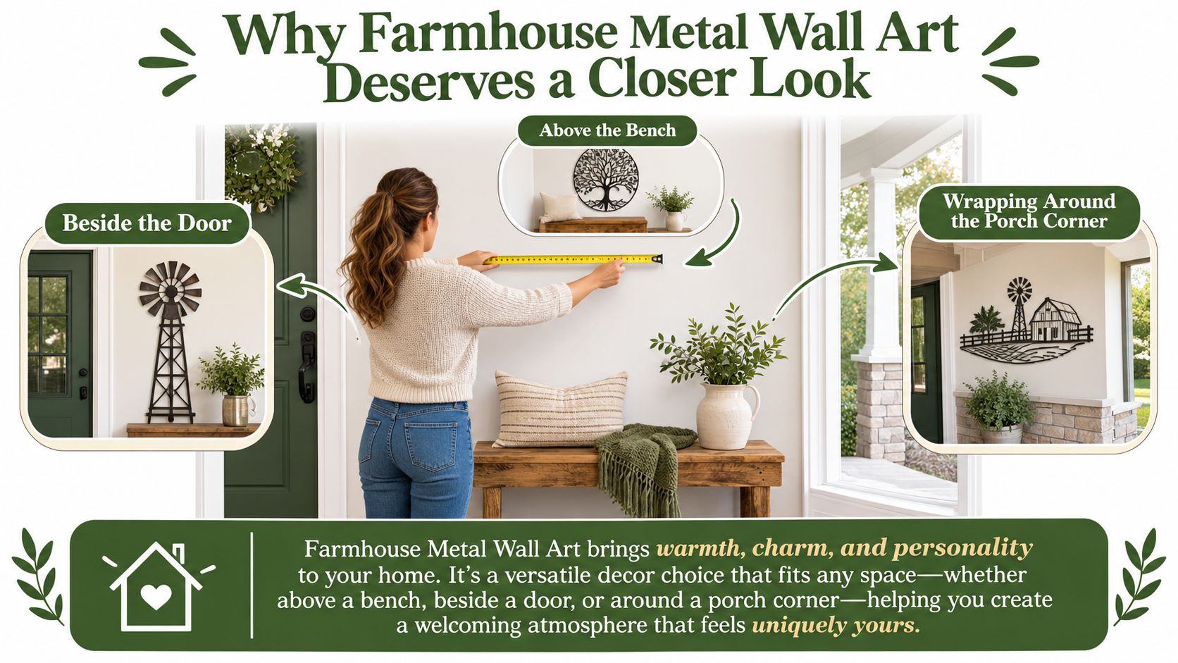 A woman measuring a wall for hanging farmhouse metal wall art decorations above a rustic wooden bench.