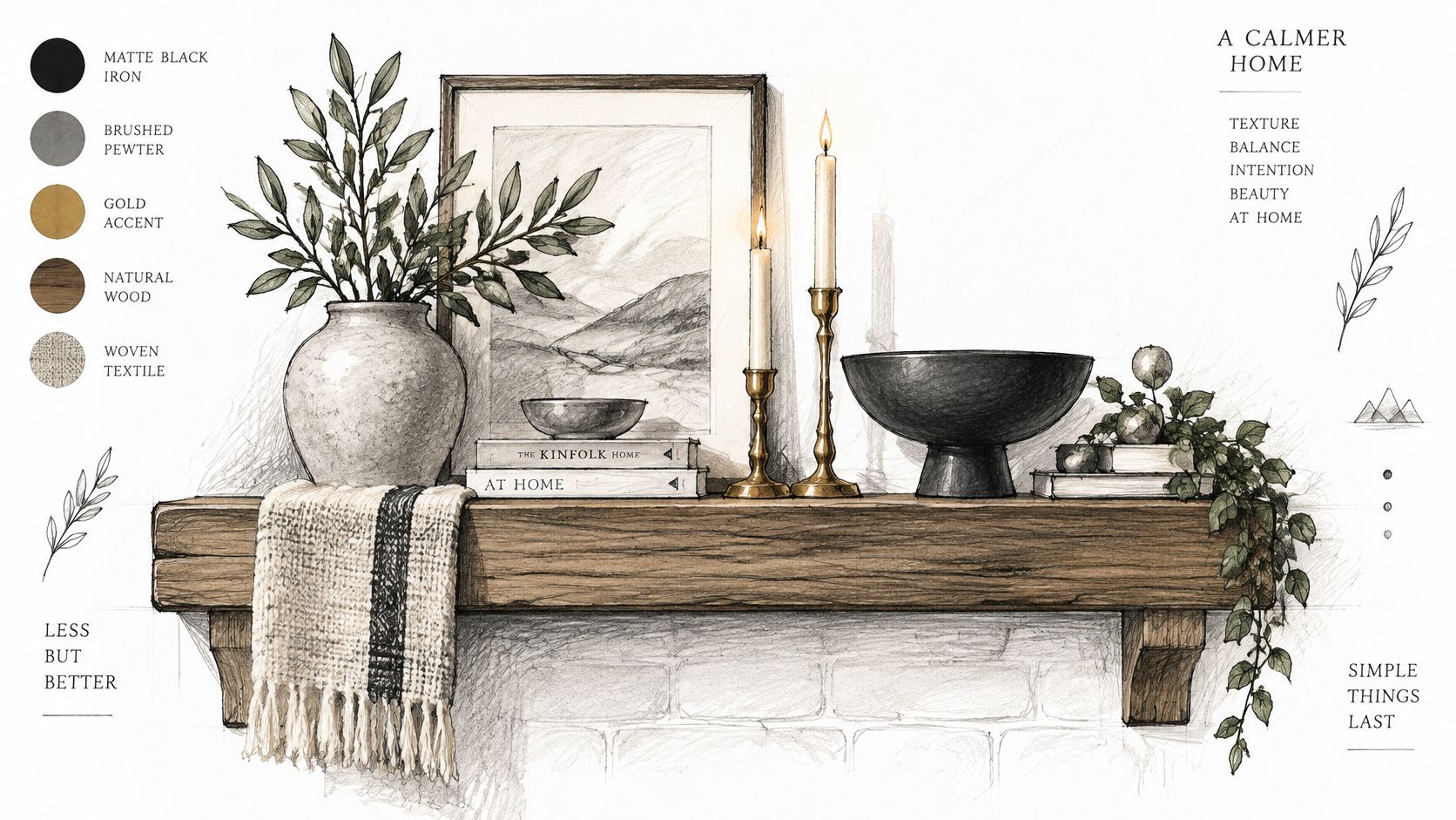 A hand-drawn illustration of a rustic wooden mantelpiece decorated with candles, plants, and books in a calm home style.
