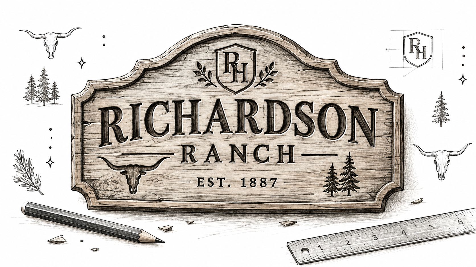 An artistic pencil sketch of a rustic wooden sign for Richardson Ranch, featuring a skull and trees.