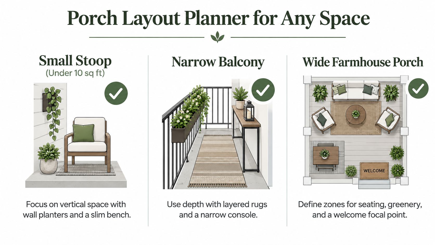 A graphic demonstrating porch design ideas for small stoops, narrow balconies, and wide farmhouse porches.