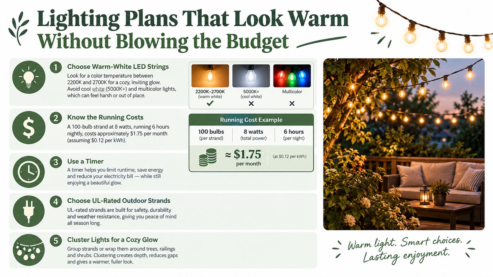 A helpful infographic showing five tips for selecting and using warm, budget-friendly outdoor string lights for home decor.