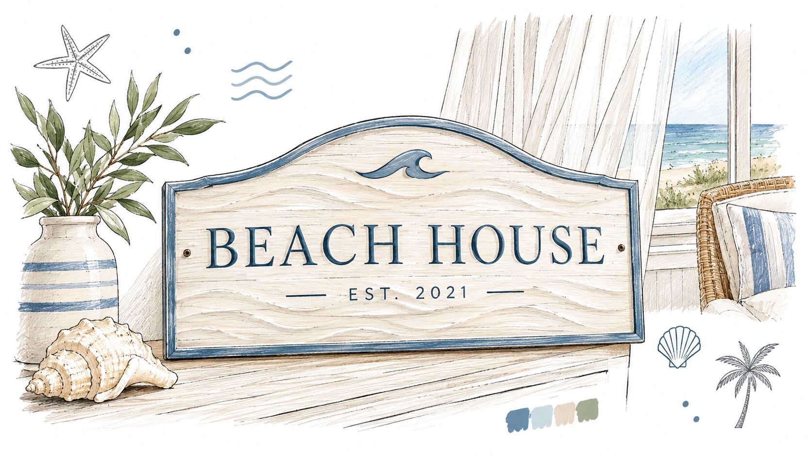 A charming illustration of a beach house sign surrounded by coastal decor, shells, and a window view.