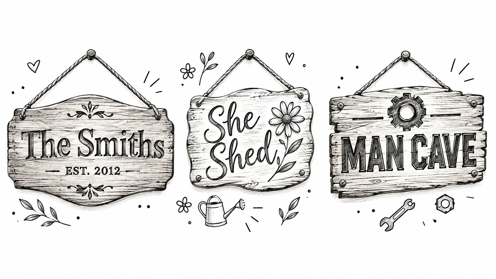 Three decorative wooden hanging signs featuring custom labels for a home, a she shed, and a man cave.