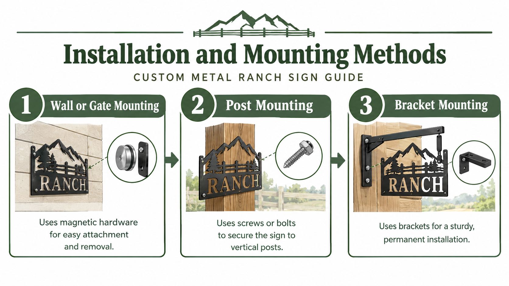 An instructional guide showing three different ways to mount a custom metal ranch sign on surfaces.