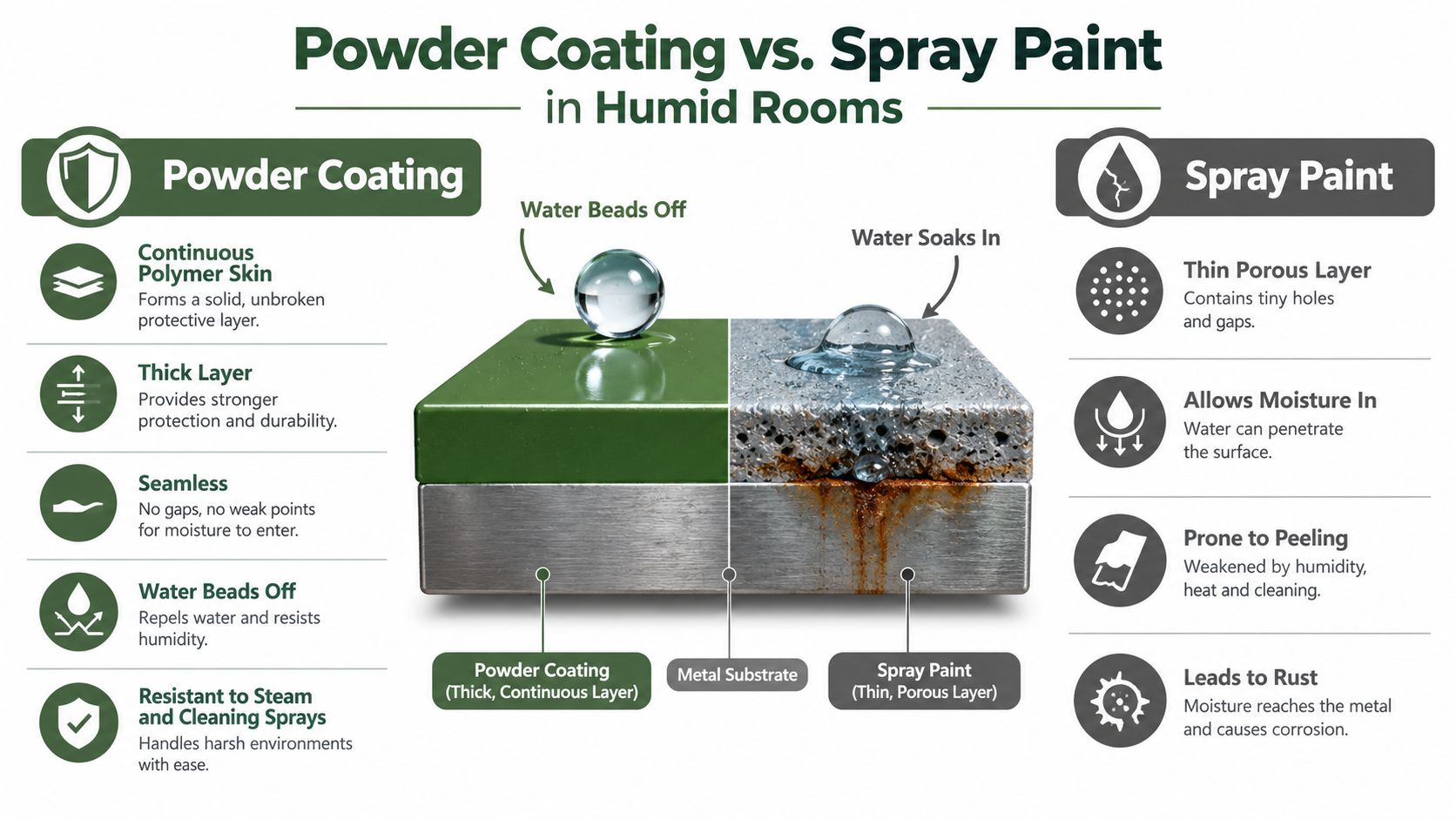 A comparison infographic showing powder coating versus spray paint on metal in humid room environments.