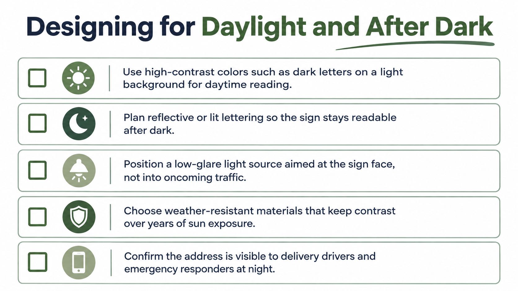 A checklist infographic titled Designing for Daylight and After Dark showing tips for readable signage.