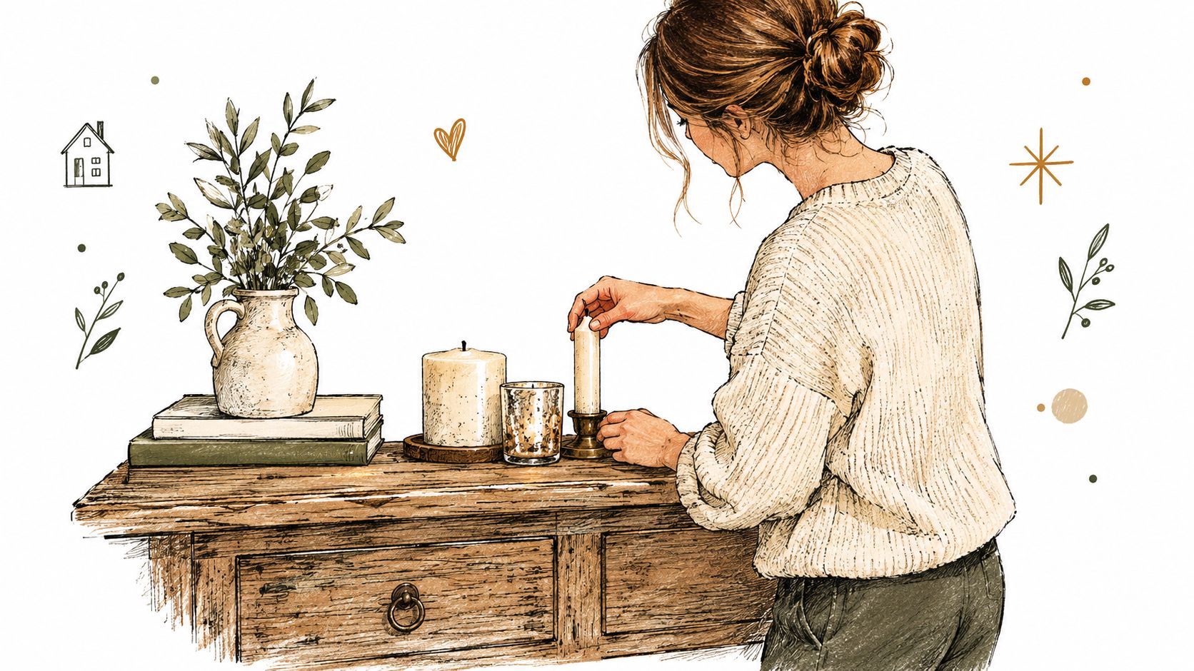 A woman in a cozy sweater places a candle on a rustic wooden console table.