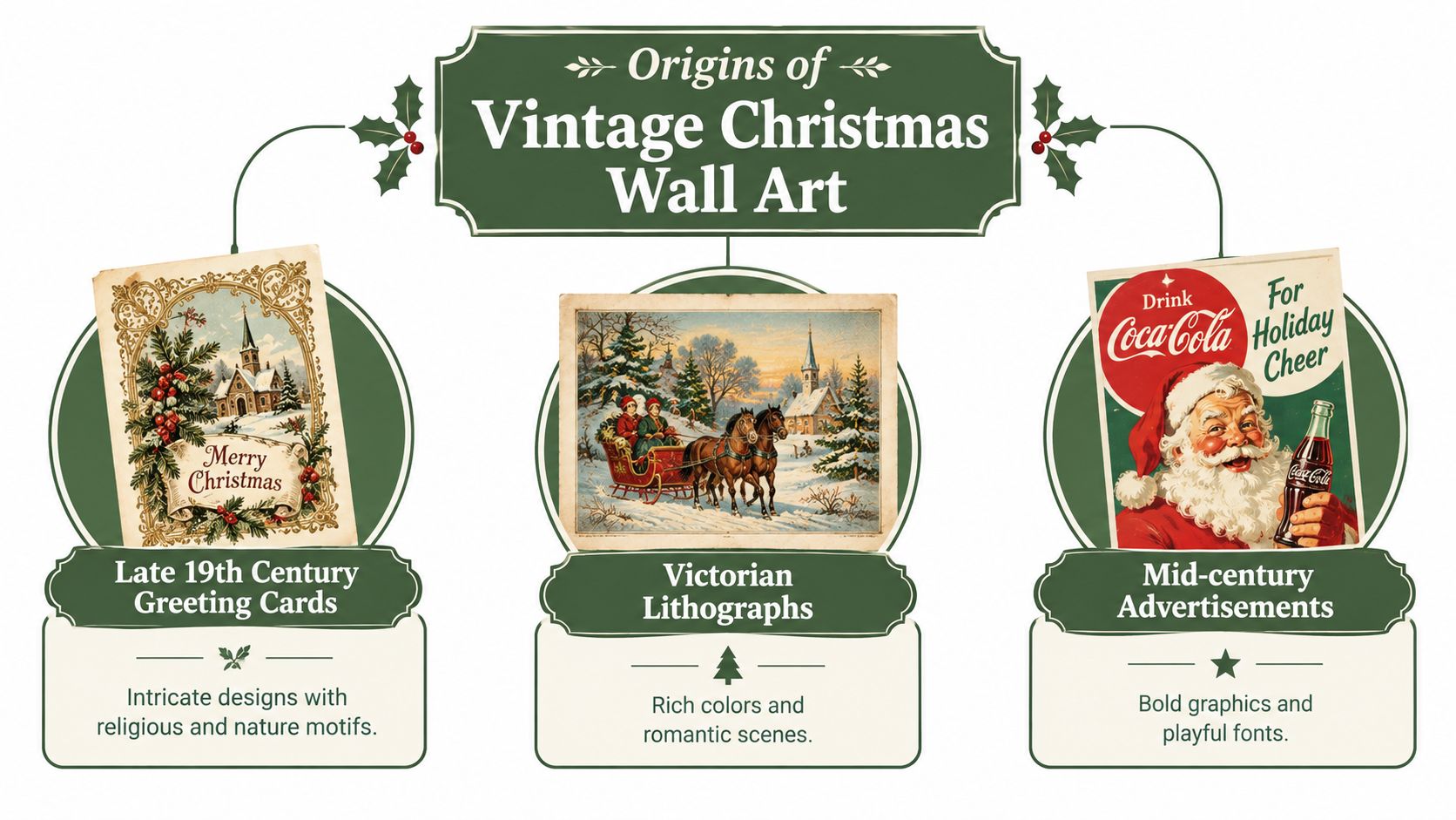 An infographic showing the history and origins of vintage Christmas wall art styles including cards, lithographs, and advertisements.