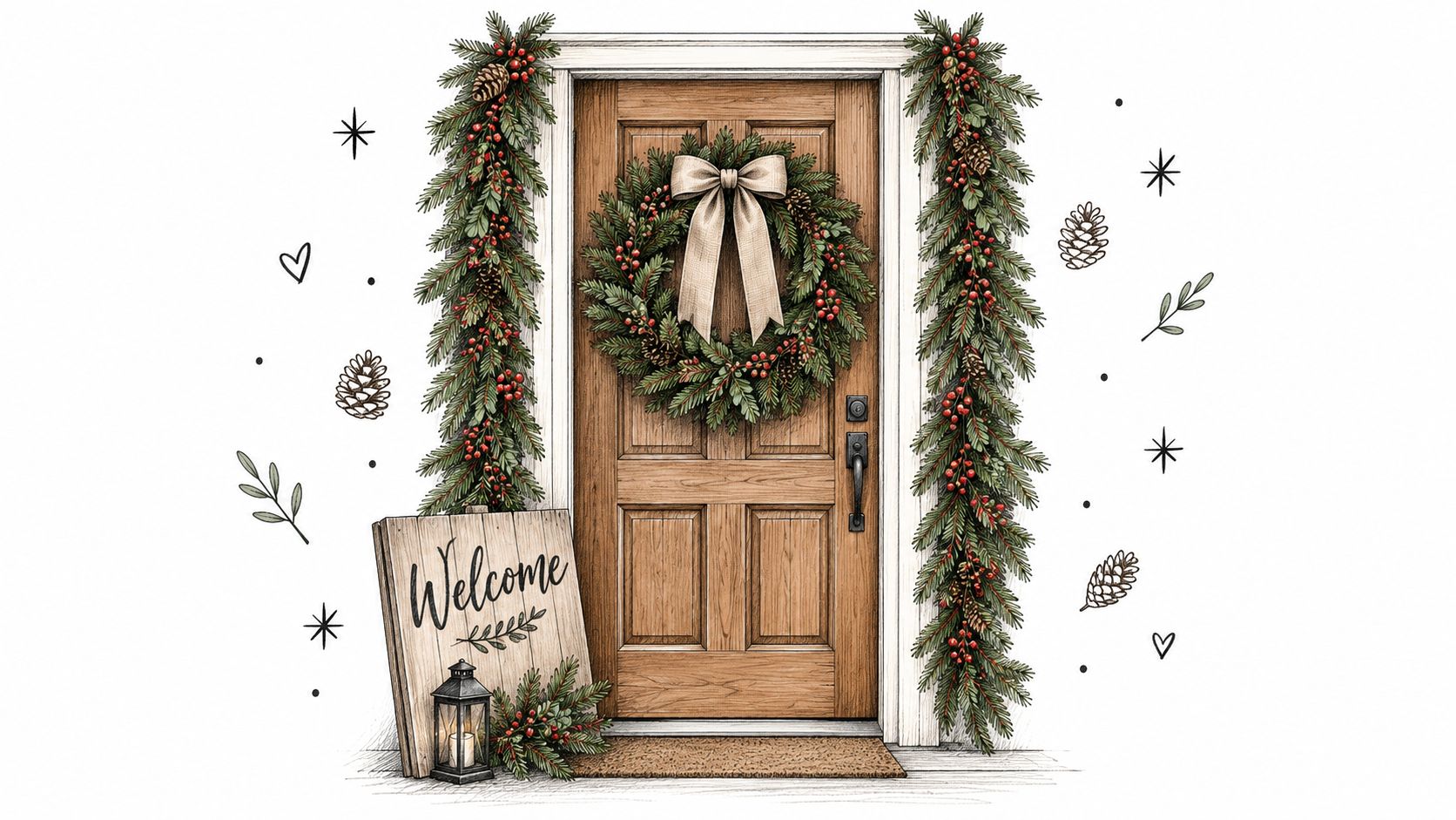 A charming farmhouse style wooden front door decorated with a festive Christmas wreath, pine garlands, and welcome sign.