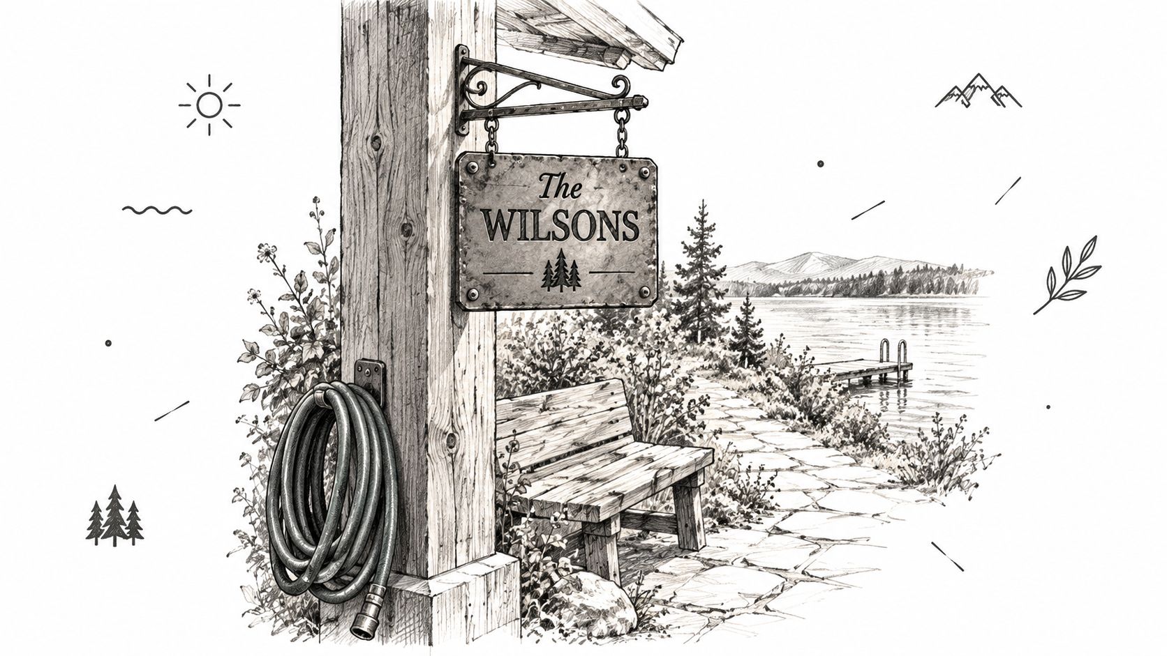 A pencil sketch of a personalized lake house sign hanging by a wooden post with a bench.