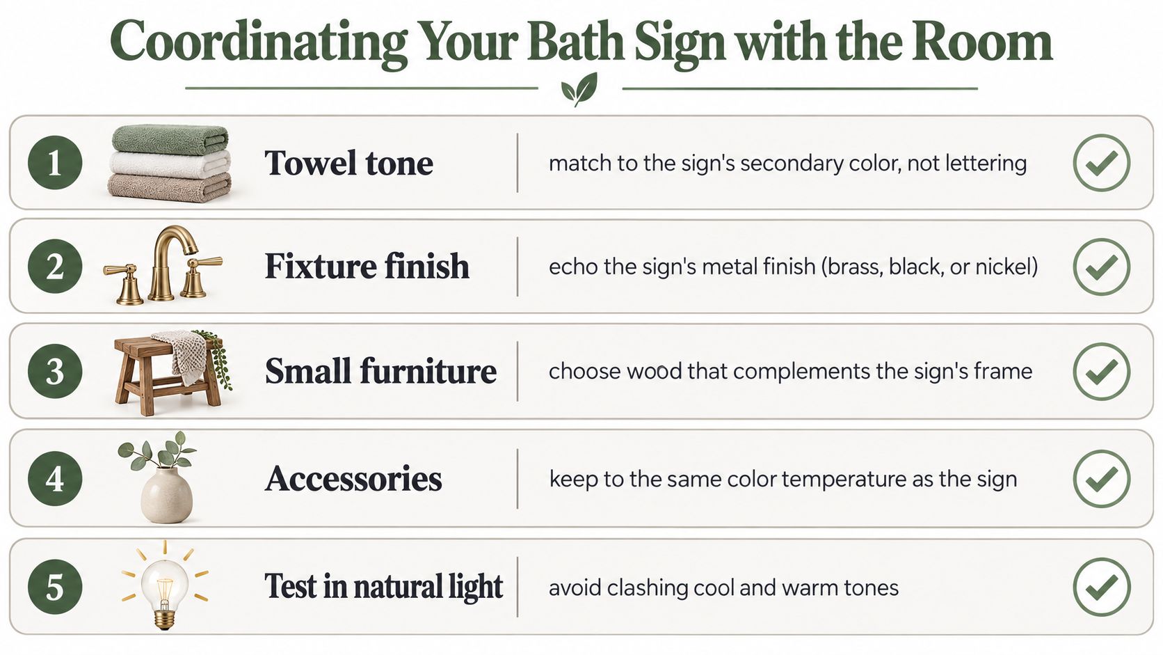 An infographic titled Coordinating Your Bath Sign with the Room listing five design tips for decor.