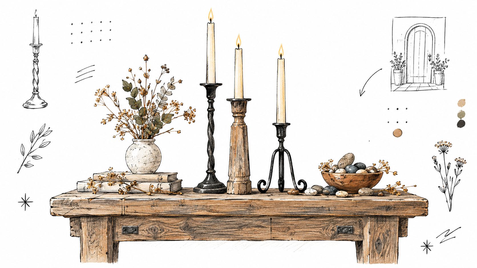 A rustic wooden table decorated with candles, a vase of dried flowers, and a bowl of stones.