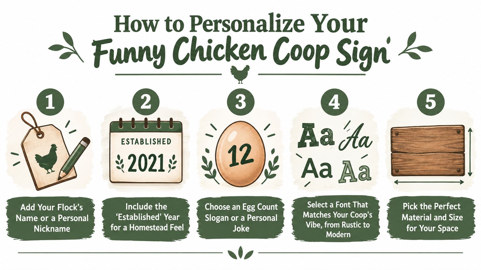An infographic illustrating five easy steps for customizing a personalized and funny chicken coop sign.