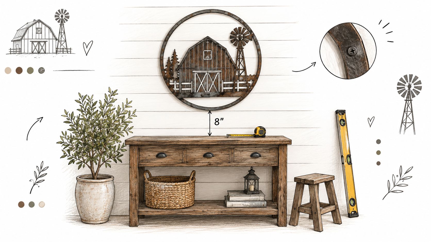 A rustic circular farmhouse metal wall art piece hanging above a wooden console table with farmhouse decor.