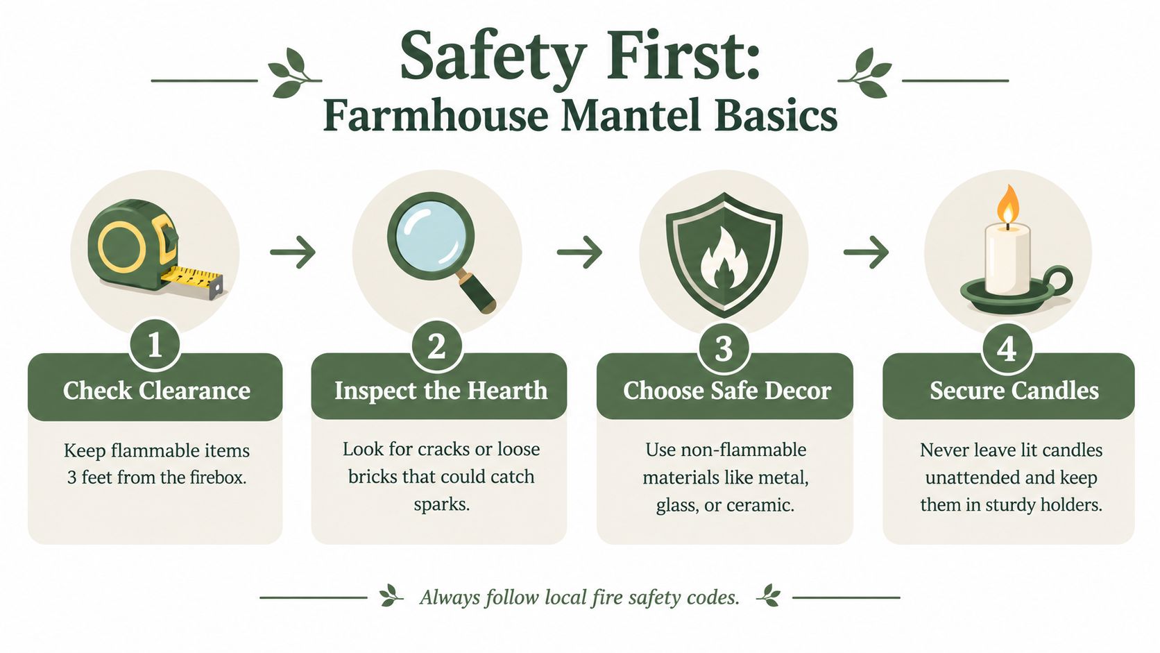 An infographic titled Safety First showing four steps for maintaining a safe farmhouse style fireplace mantel.
