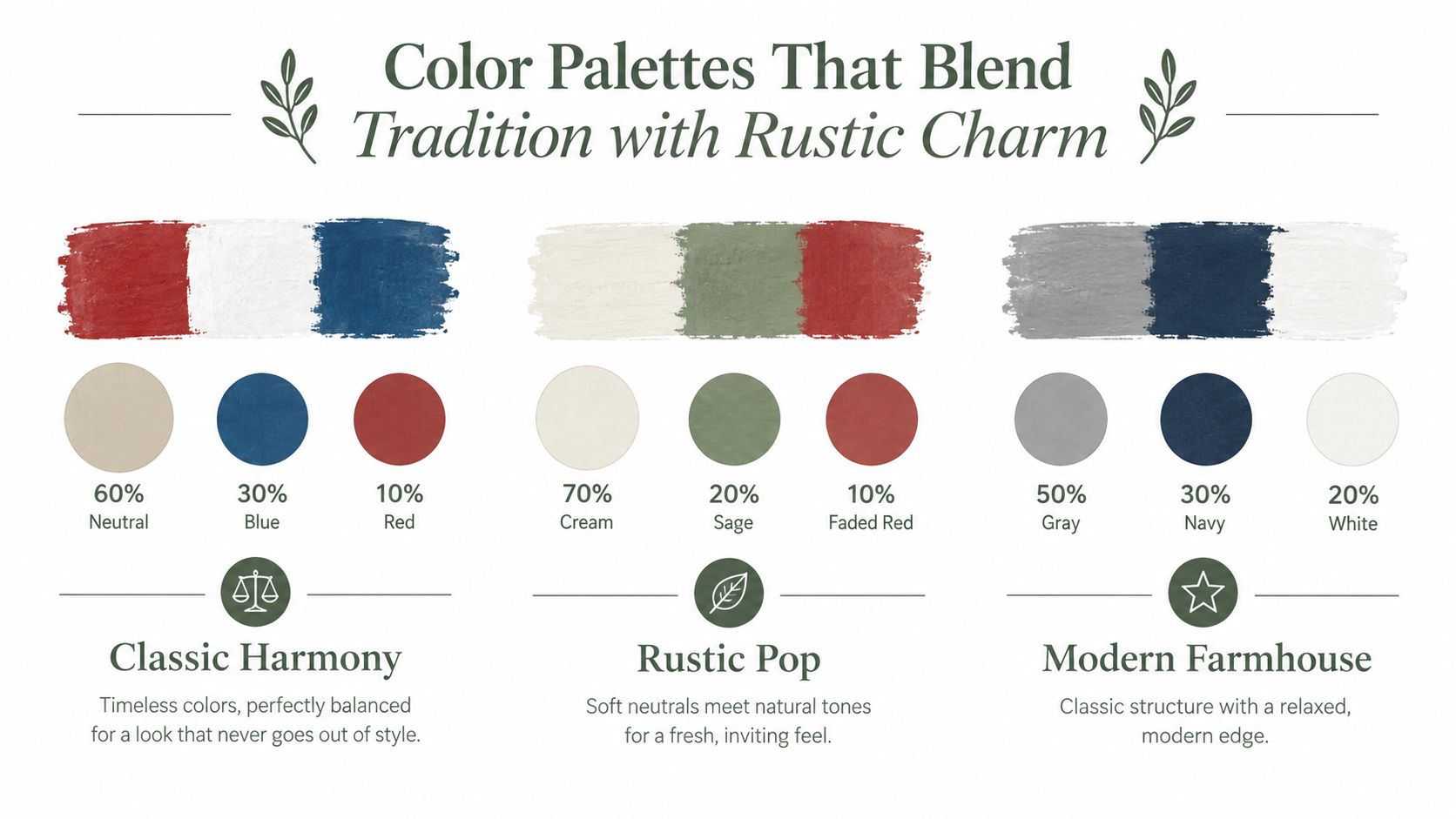 A graphic showing three color palettes for interior design: Classic Harmony, Rustic Pop, and Modern Farmhouse.