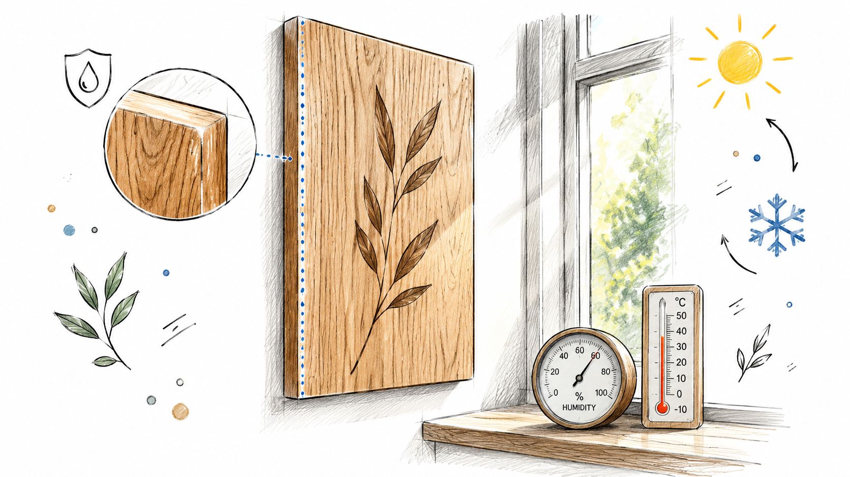 A conceptual sketch showing wooden wall art with moisture protection and temperature measurement in a home setting.