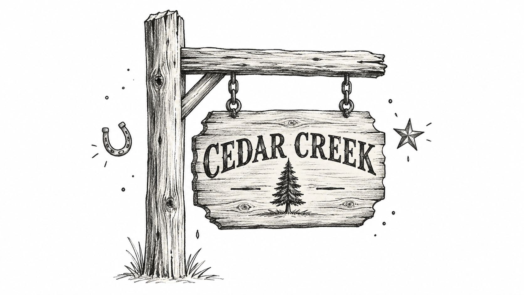A hand-drawn sketch of a wooden hanging sign that reads Cedar Creek with a pine tree icon.