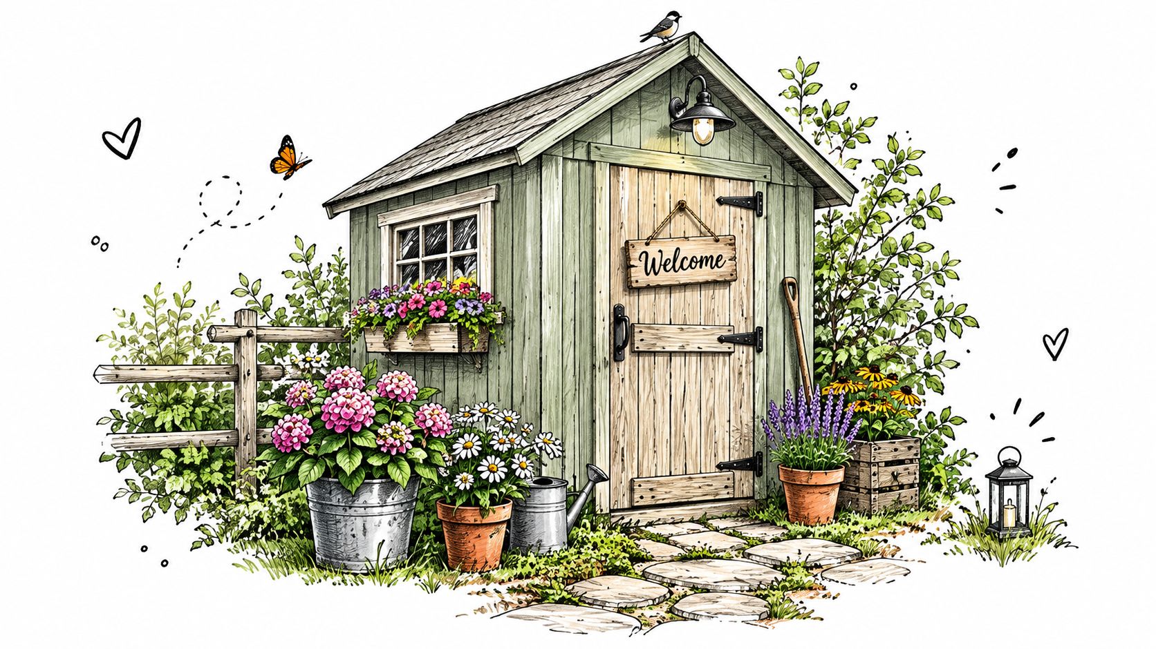 A charming wooden garden shed decorated with flowers, a welcome sign, and a stone path.