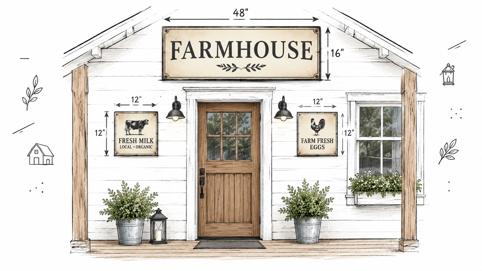 A rustic farmhouse style porch decorated with farmhouse metal signs, potted plants, and wall sconces.