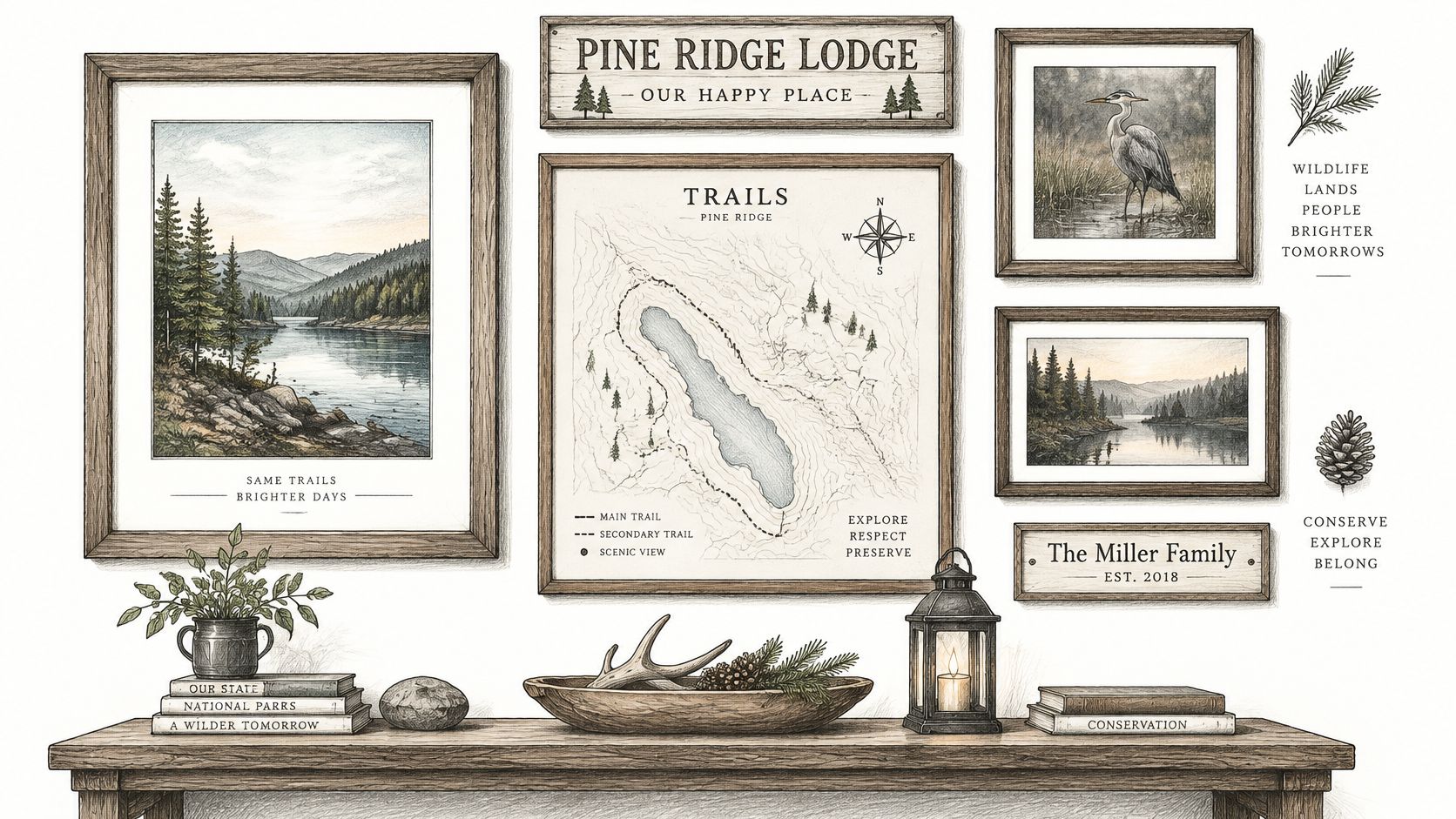 A rustic wood console table featuring framed nature art, trail maps, and decorative woodland accessories.