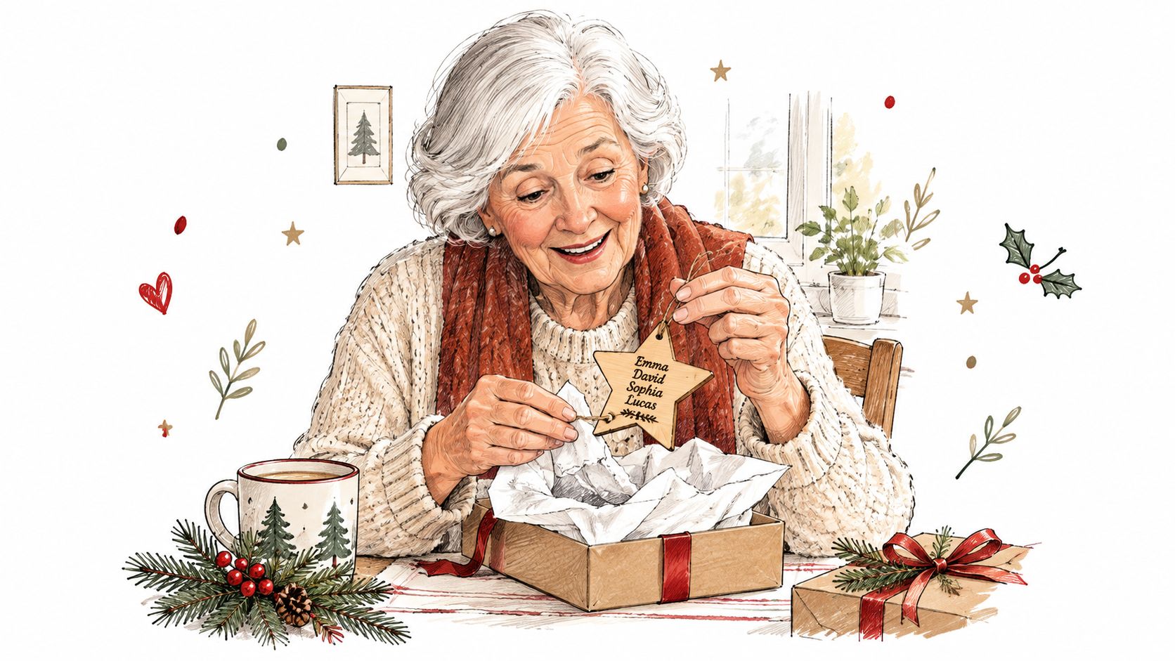 A smiling grandmother holding a personalized star-shaped wooden ornament with names of her grandchildren while unwrapping gifts.