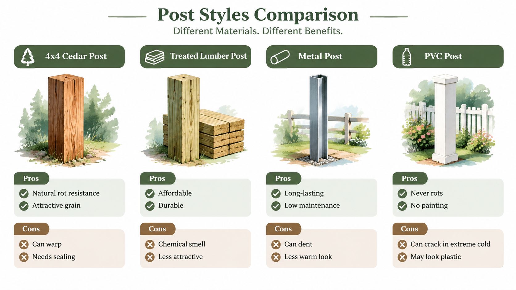 A comparison chart showing pros and cons of cedar, treated lumber, metal, and PVC fence posts.